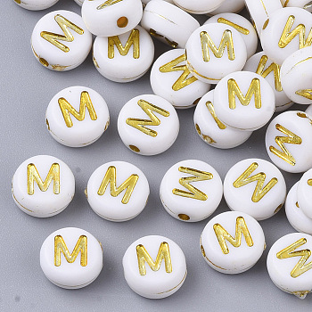 Plating Acrylic Beads, Golden Metal Enlaced, Horizontal Hole, Flat Round with Alphabet, White, Letter.M, 7x3.5mm, Hole: 1.2mm, about 3600pcs/500g