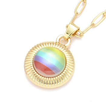 Rainbow Color Pride Necklace, Glass Half Round Pendant Necklace with Alloy Paperclip Chain for Women, Golden, 18.5 inch (47cm)