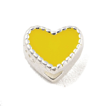 Heart Shape Silver 925 Sterling Silver Beads, with Enamel, with S925 Stamp, Yellow, 5.5x6.5x4mm, Hole: 1.2mm