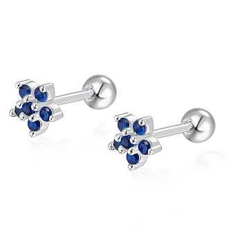 S925 Sterling Silver Flower Stud Earrings, with Cubic Zirconia, Silver, Silver, 5x3mm