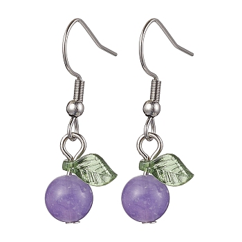 Acrylic Dangle Earrings, with 304 Stainless Steel Earring Hooks, Round with Leaf, Blue Violet, 32.5x12.5mm