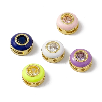 Rack Plating Brass Cubic Zirconia Beads, with Enamel, Real 18K Gold Plated, Long-Lasting Plated, Cadmium Free & Nickel Free & Lead Free, Flat Round, Mixed Color, 8x4.5mm, Hole: 1.2mm & 5.5x1.2mm