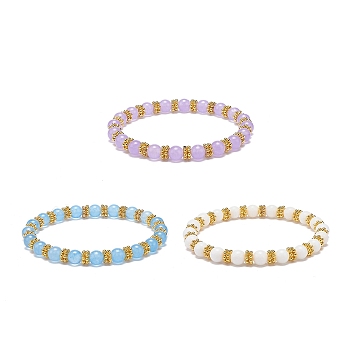 3Pcs 3 Color Natural Malaysia Jade(Dyed) & Alloy Daisy Beaded Stretch Bracelets for Women, Mixed Color, Inner Diameter: 2-1/8 inch(5.25cm), 1Pc/color