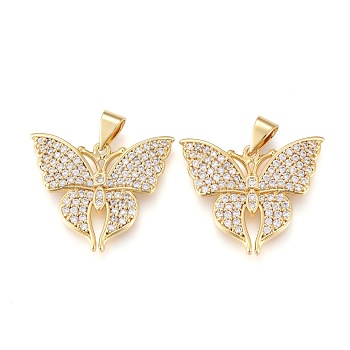 Brass Micro Pave Cubic Zirconia Pendants, Long-Lasting Plated, Butterfly, Real 18K Gold Plated, Clear, 17.5x22x2.5mm, Hole: 3.5x4.5mm