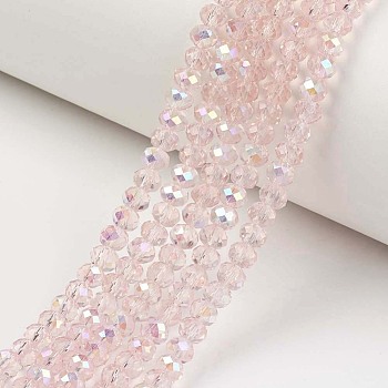 Electroplate Glass Beads Strands, Half Rainbow Plated, Faceted, Rondelle, Pink, 10x8mm, Hole: 1mm, about 63~65pcs/strand, 19.2~20 inch(48~50cm)