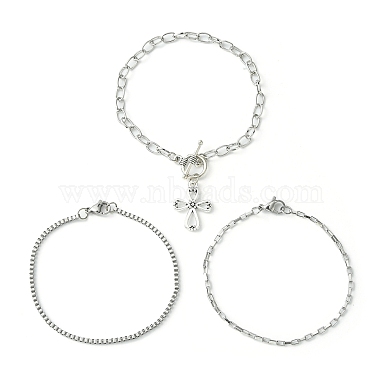 3Pcs 3 Style 316 Surgical Stainless Steel Box & Venetian Chain Bracelets Set with Corss Charms(BJEW-FS0001-07)-6