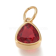 Vacuum Plating 304 Stainless Steel Cubic Zirconia Pendant, Triangle, Golden, Dark Red, 12.5x9.5x5mm, Hole: 5mm(ZIRC-P080-A07)