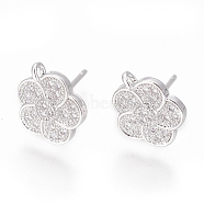 Brass Stud Earring Findings, with Cubic Zirconia and Loop, Flower, Clear, Platinum, 11x9.5mm, Hole: 1mm, Pin: 0.8mm(X-ZIRC-O034-18P)