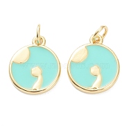 Brass Enamel Pendants, Long-Lasting Plated, Real 18K Gold Plated, Flat Round with Moon and Cat, Pale Green, 15.5x13x2mm, Hole: 3mm(ZIRC-J041-03E)