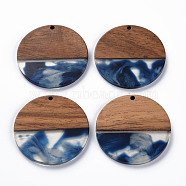 Transparent Resin & Walnut Wood Pendants, Two Tone, Flat Round, Marine Blue, 38.5x3mm, Hole: 2mm(X-RESI-T035-35C)