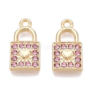 Rack Plating Alloy Rhinestone Pendants, Lock with Heart, Light Rose, 17x9x2.5mm, Hole: 1.6mm(FIND-N005-29G-B)