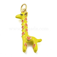 Giraffe Rack Plating Brass Enamel Pendants, with Jump Ring, Long-Lasting Plated, Cadmium Free & Lead Free, Real 18K Gold Plated, Yellow, 23x14x4.5mm, Hole: 3.8mm(X-KK-Q804-15G)