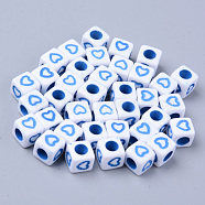 Opaque White Acrylic European Beads, Large Hole Beads, Cube with Heart, Cornflower Blue, 7x7x7mm, Hole: 4mm, about 1900~2000pcs/500g(MACR-S273-51B-01)