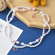Alloy Heart Pendant Necklace, ABS Plastic Imitation Pearl & Natural Rose Quartz Beaded Chains Exquisite Necklace for Women, Seashell Color, 18.50 inch(47cm)(NJEW-FZ00004-11)