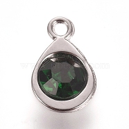 Faceted Glass Charms, with Platinum Plated Alloy Findings, Teardrop, May Birthstone Charms, Emerald, 11.3x7.2x4.2mm, Hole: 1.2mm(RGLA-TAC0001-01E)