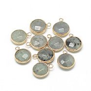 Natural Labradorite Pendants, with Brass Findings, Faceted, Flat Round, Golden, Gray, 19~21x15~16x6~7mm, Hole: 2mm(G-Q964-12G)