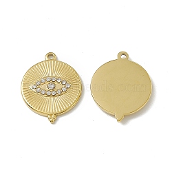 PVD Vacuum Plating 201 Stainless Steel Pendants, with Rhinestone, Real 18K Gold Plated, Flat Round with Eye Charm, Crystal, 19x15x2mm, Hole: 1.4mm(STAS-J401-VC561)