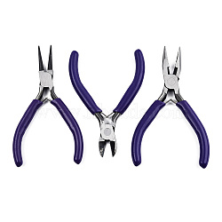 Steel Pliers Set, with Plastic Handles, including Side Cutter Pliers, Round Nose Plier, Needle Nose Wire Cutter Plier, Indigo, 113~126x48~52x6~10mm, 3pcs/set(TOOL-N007-002C)