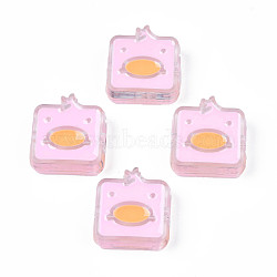 Transparent Acrylic Beads, with Enamel, Square with Duck, Pearl Pink, 24x23x8mm, Hole: 3mm(ACRC-S039-09F)