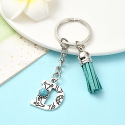 Alloy with Resin Imitation Synthetic Turquoise Keychain, with Tassel Pendant and Iron Rings, Letter D, 8.1cm, Pendant: 27~35mm(KEYC-YW00087-04)