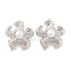 Brass Stud Earrings for Women, with ABS Pearl, Lead Free & Cadmium Free, Flower, Platinum, 28.5x27mm(EJEW-U015-18P)