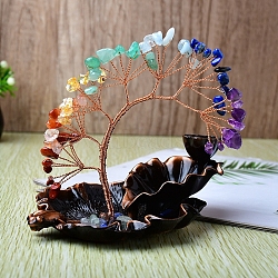 Natural Mixed Gemstone Chips Tree of Life Decorations, Burner Cone Stick Incense Holder with Copper Wire Feng Shui Energy Stone Gift for Women Men Meditation, 130x100mm(PW-WGAFFC2-08)