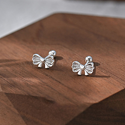 S999 Fine Silver Stud Earrings, Bowknot, Silver, 5x9mm(EJEW-A127-05S)