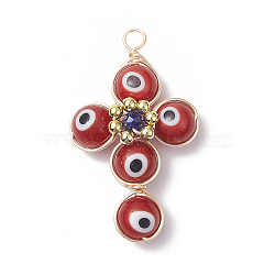 Brass Wire Wrapped Handmade Evil Eye Lampwork Pendants, with Glass Beads, Cross Charm, Red, 40x24x8.5mm, Hole: 3mm(PALLOY-TA00036-04)
