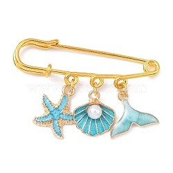 Marine Theme Pendant Alloy Enamel Brooches, Golden Iron Kilt Pins for Women, Starfish & Shell & Fishtail, Turquoise, 36.5x50x5.5mm(JEWB-BR00143-01)
