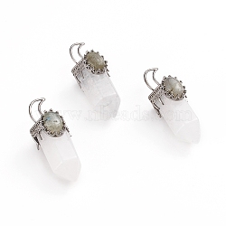 Natural Quartz Crystal Pointed Pendants, Rock Crystal, with Gunmetal Tone Brass Pendant Bails and Natural Labradorite, Bullet, 52~54x20x22~23mm, Hole: 8x5mm(G-I275-01F)