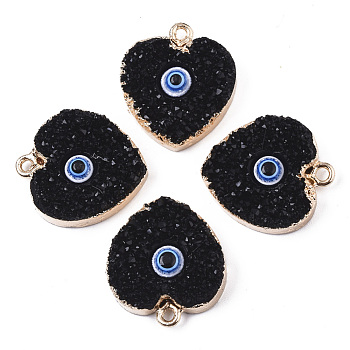 Druzy Resin Pendants, with Edge Light Gold Plated Iron Loops, Heart with Evil Eye, Black, 22~23x19x5.5mm, Hole: 1.8mm