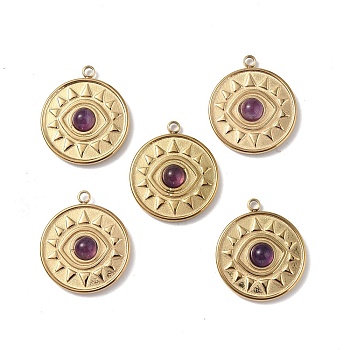 Vacuum Plating 201 Stainless Steel Natural Amethyst Pendants, Real 18K Gold Plated, Flat Round with Eye Charms, 18.5x16x4mm, Hole: 1.6mm