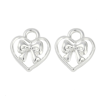 Rack Plating Alloy Pendants, Lead Free & Cadmium Free, Heart Shape with Bowknot Charms, Silver, 10.5x9x2.5mm, Hole: 2mm