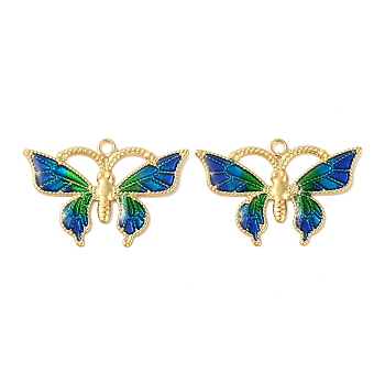 Rack Plating Brass Pendant, with Enamel, Long-Lasting Plated, Butterfly Charm, Real 18K Gold Plated, Dark Blue, 26x17.5x0.8mm, Hole: 1.6mm