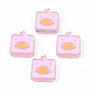 Transparent Acrylic Beads, with Enamel, Square with Duck, Pearl Pink, 24x23x8mm, Hole: 3mm