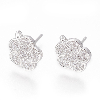 Brass Stud Earring Findings, with Cubic Zirconia and Loop, Flower, Clear, Platinum, 11x9.5mm, Hole: 1mm, Pin: 0.8mm