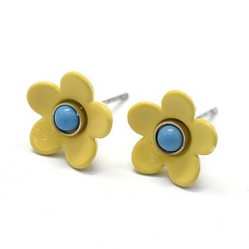 Spray Painted Brass Stud Earrings, with Synthetic Turquoise, Plastic Ear Nuts, Platinum, Yellow, 11mm, Pin: 0.5mm