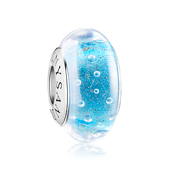 TINYSAND Rhodium Plated 925 Sterling Silver Sky Blue Cystal Love Bead with Bubbles, Deep Sky Blue, Platinum, 15.2x9.5mm, Hole: 4.50mm