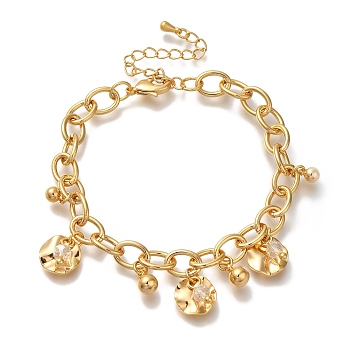 Flat Round Brass Glass Beads Cable Chain Bracelets For Women, Real 18K Gold Plated, 6-3/4 inch(17cm)