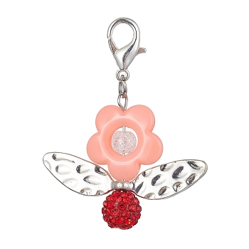 Acrylic Flower Pendant Decoration, with Polymer Clay Rhinestone Beads and Zinc Alloy Lobster Claw Clasps, 52mm