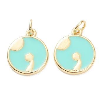 Brass Enamel Pendants, Long-Lasting Plated, Real 18K Gold Plated, Flat Round with Moon and Cat, Pale Green, 15.5x13x2mm, Hole: 3mm