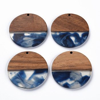 Transparent Resin & Walnut Wood Pendants, Two Tone, Flat Round, Marine Blue, 38.5x3mm, Hole: 2mm