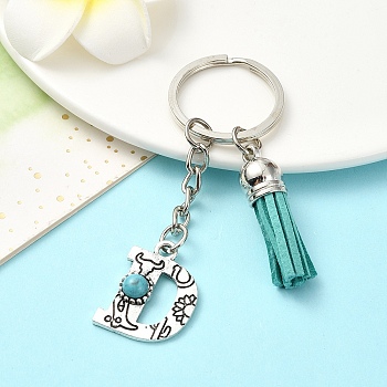 Alloy with Resin Imitation Synthetic Turquoise Keychain, with Tassel Pendant and Iron Rings, Letter D, 8.1cm, Pendant: 27~35mm