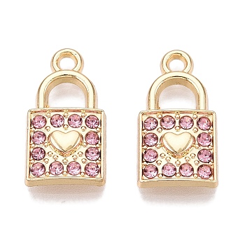 Rack Plating Alloy Rhinestone Pendants, Lock with Heart, Light Rose, 17x9x2.5mm, Hole: 1.6mm