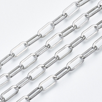 304 Stainless Steel Paperclip Chains, Drawn Elongated Cable Chains, with Spool, Unwelded, Flat Oval, Stainless Steel Color, 14x6x1.2mm, about 82.02 Feet(25m)/roll