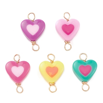 Opaque Resin Connector Charms, Heart Links with Copper Wire Loops, Mixed Color, Light Gold, 27x17x11mm, Hole: 3.5mm