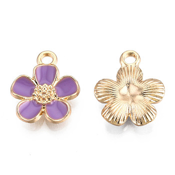 Eco-Friendly Zinc Alloy Pendants, with Enamel, Cadmium Free & Nickel Free & Lead Free, 5- Petal Flower, Light Gold, Lilac, 16x13x3mm, Hole: 1.8mm