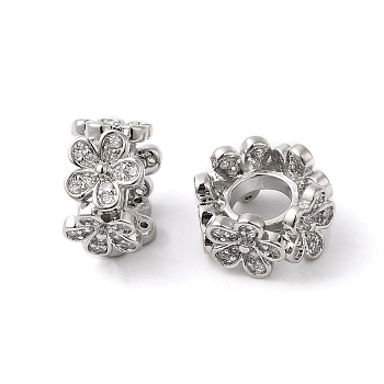 Brass Micro Pave Cubic Zirconia European Beads, Large Hole Beads, Ring & Flower, Real Platinum Plated, 11.5x7mm, Hole: 5.5mm
