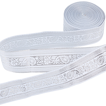 7M Flat Ethnic Style Polyester Ribbons, Jacquard Ribbon, Tyrolean Ribbon with Floral Pattern, White, 1-1/4 inch(33mm), about 7.66 Yards(7m)/Roll