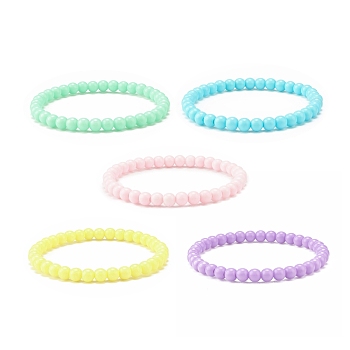 Candy Color Acrylic Round Beaded Stretch Bracelet for Women, Mixed Color, Inner Diameter: 2-1/8 inch(5.4cm)
